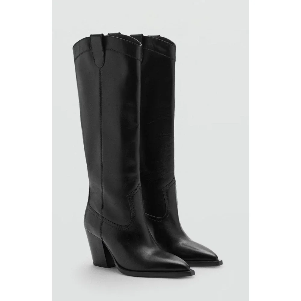 NEW MANGO MNG BLACK LEATHER COWBOY BOOTS SZ 38 7.5 - Picture 1 of 10